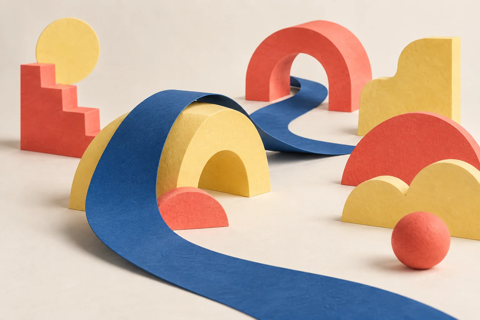 Composição conceitual de papel com uma faixa azul percorrendo arcos amarelos e corais